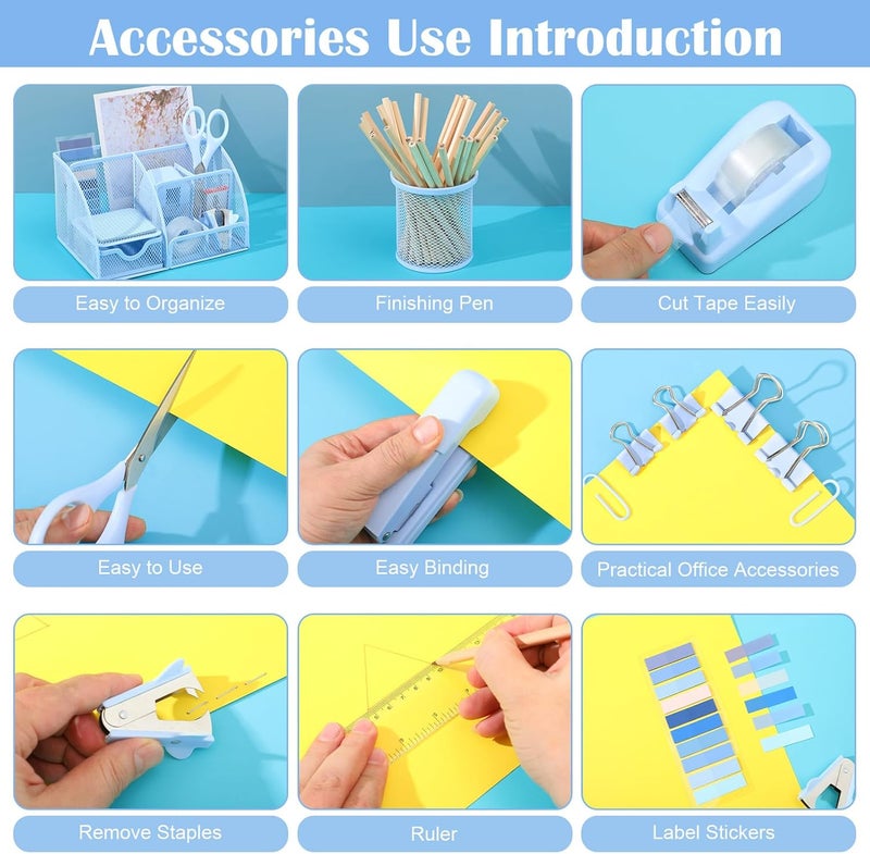 AuraRay 11 in 1 Blue Desk Organizer and Accessories, Blue Desk Accessories Light Blue Office Supplies Include Blue Stapler Blue Tape Dispenser Pen Holder Staple Remover Clips Ruler Scissors Tapes Tabs - Image 4